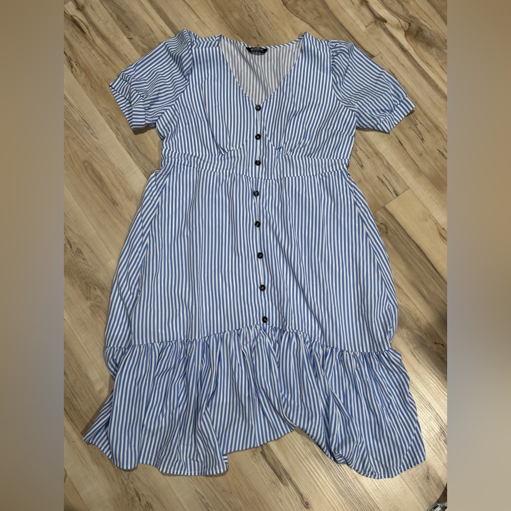 Blue & White Stripe Button-Front Midi Dress
